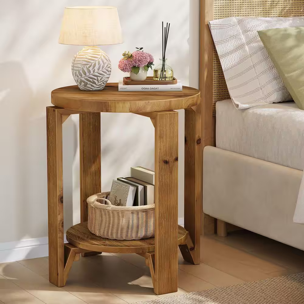Brown 19.68 In. Solid Wood round End Table, 2-Tier Side Table with Storage for L