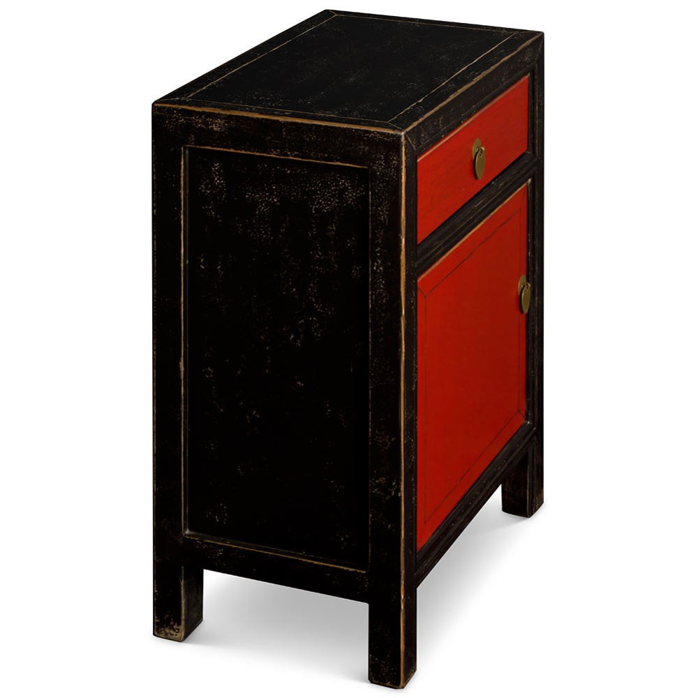 US SELLER – Distressed Black and Red Elmwood Petite Peking Asian Cabinet