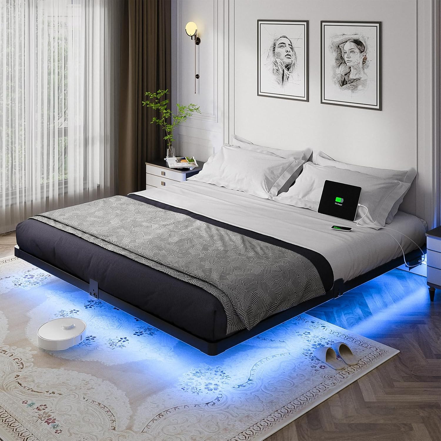 King Size Floating Bed Frame, Metal Platform, with LED Light and Charging Statio