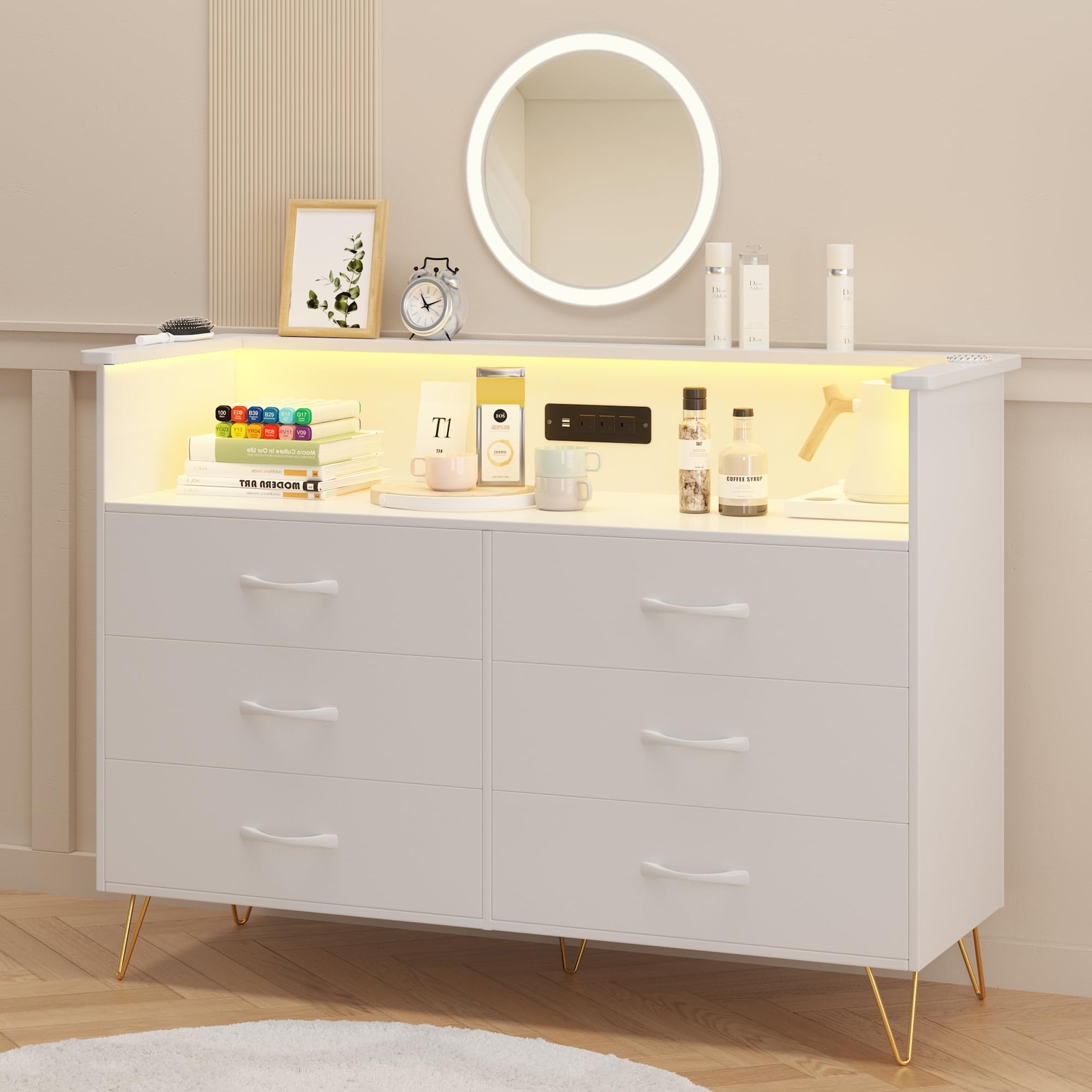 Modern 6-Drawer Dresser With Multi-color LED Lights, Built-in Charging Station