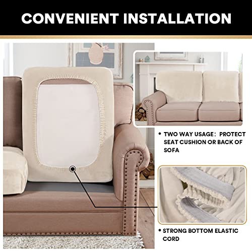 Stretch Velvet Couch Cushion Covers 3 Pack Ivory 19.6-29.5 Inch Washable For