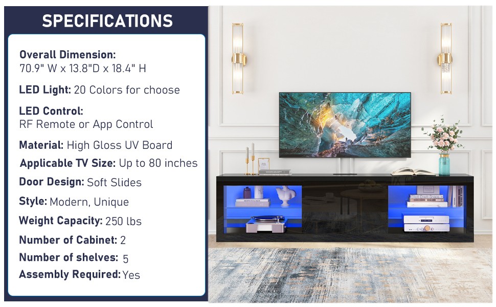 70 Inch Led TV Stand for 80/75 Inch TV, Modern Black Entertainment Center with