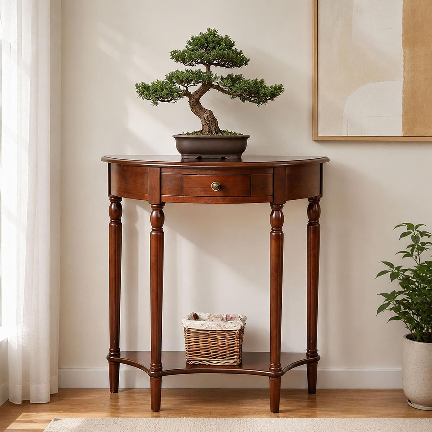Vintage Half Moon Console Table with Drawer & Shelf for Small Spaces