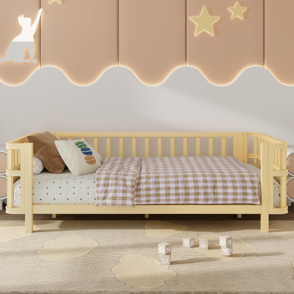 Children’s double wooden platform bed with railings, a low iron double bed