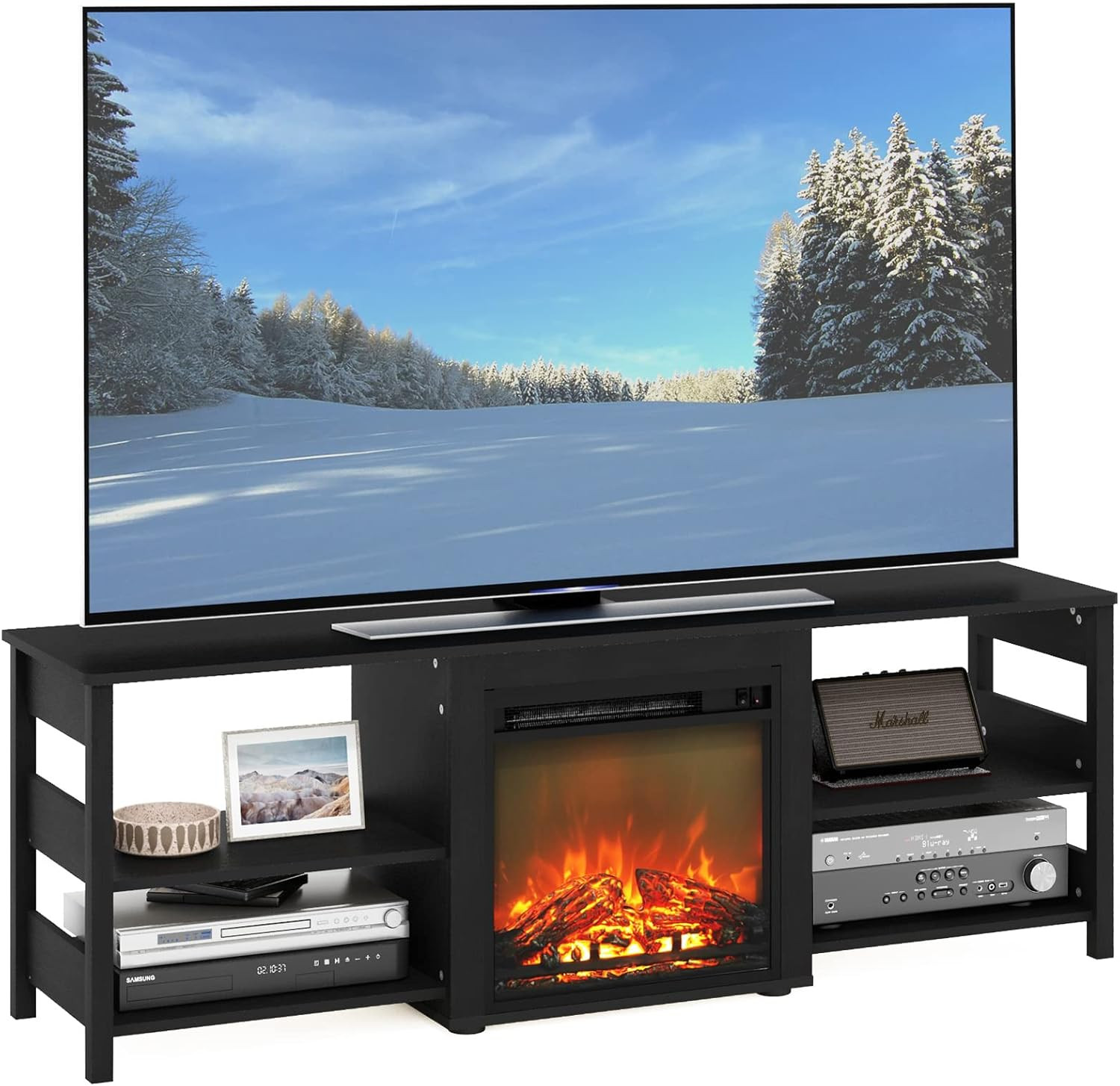 Classic 70 Inch TV Stand with Fireplace, Americano