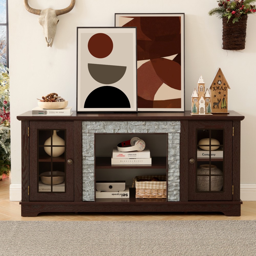 58″ Modern TV Stand with 2-Door Storage, Faux Stone Media Console Cabinet