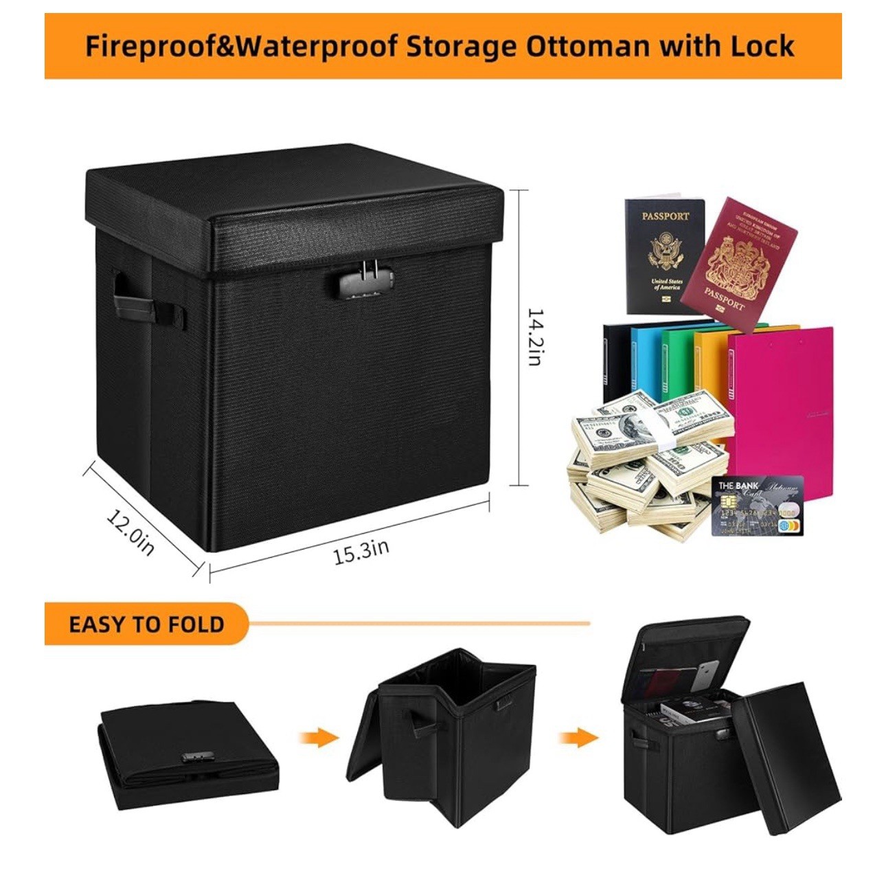 Storage Ottoman with Lock, Fireproof Document Box File Organizer (1361)