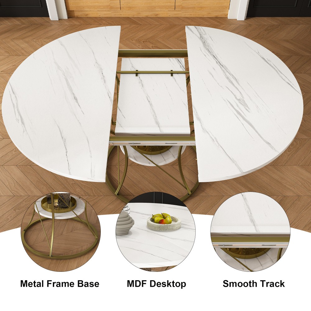 Round dining table, extendable, equipped with storage shelf and metal base