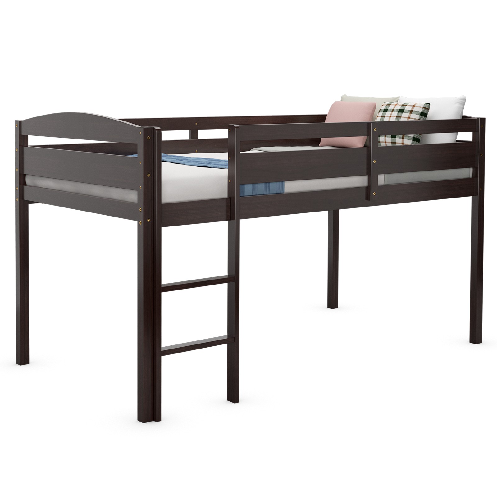 Costway Twin Low Loft Bunk Junior Bed Bedroom Wooden Guard Rail Ladder