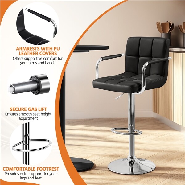 Barstools Set of 2, Height Adjustable PU Leather Bar Chairs with Armrest