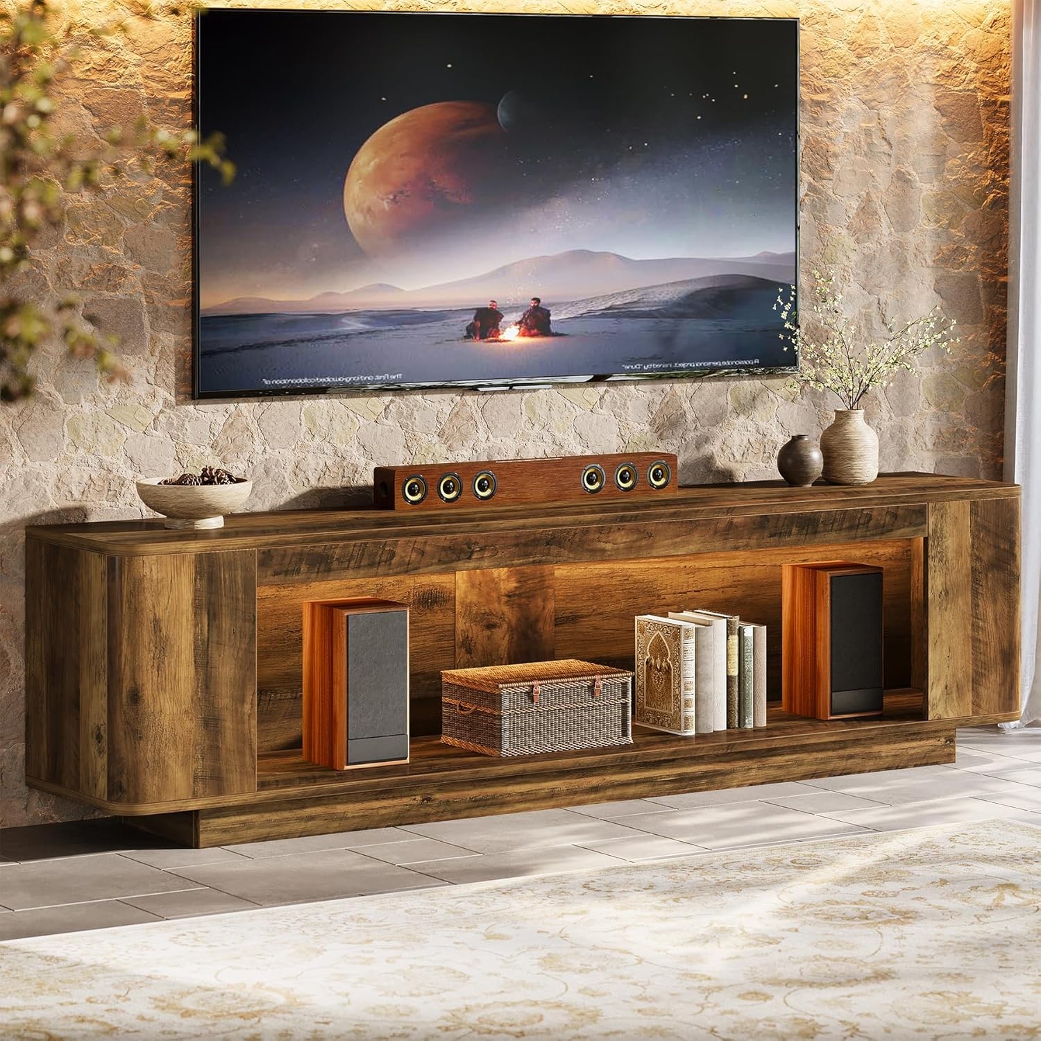 70.9” TV Stand with LED Light, Farmhouse Entertainment Center for 65”-80” TVs