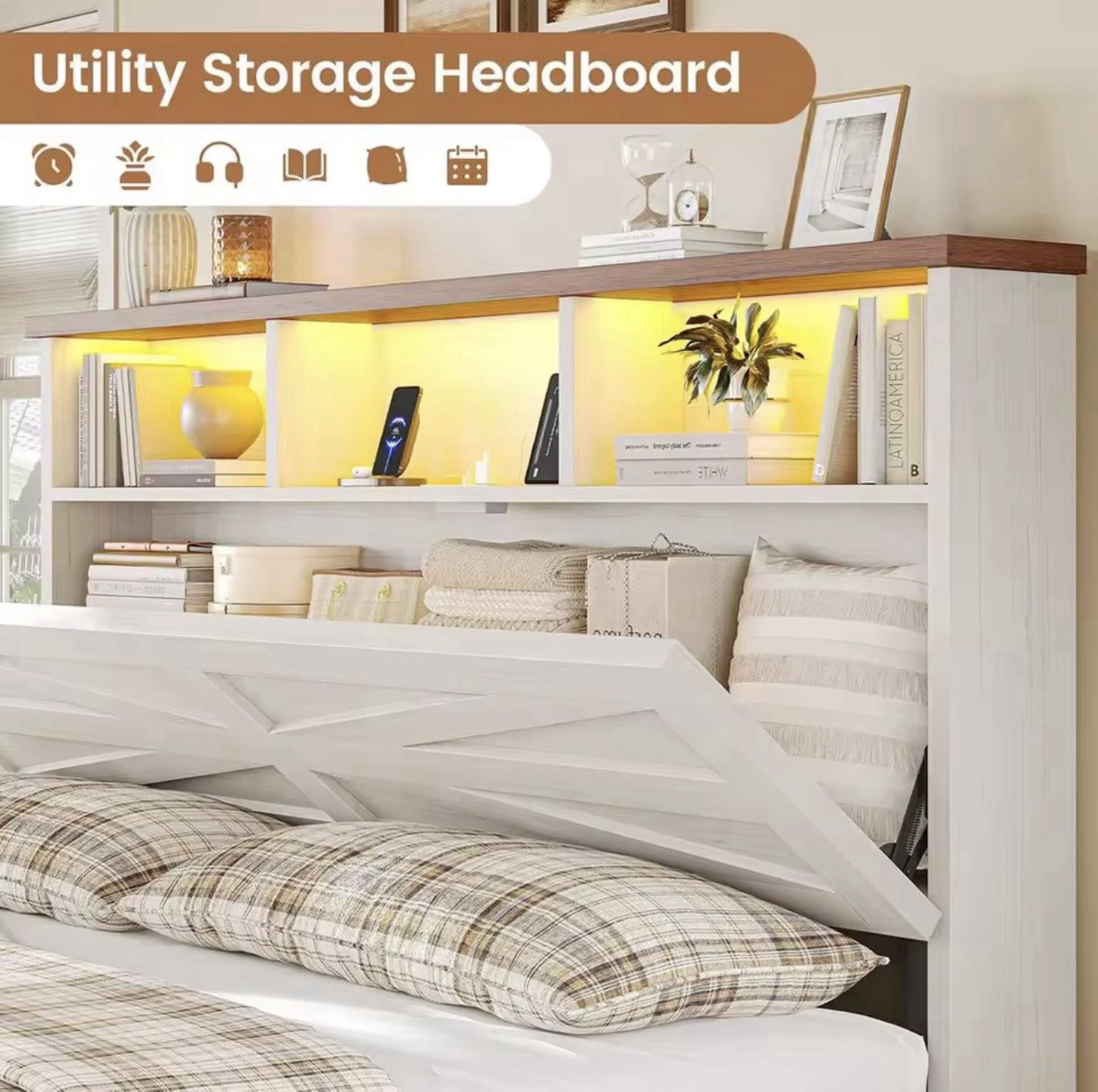 Queen Storage Bed Frame w/ LED Headboard, AC+USB, 6 Drawers (White)