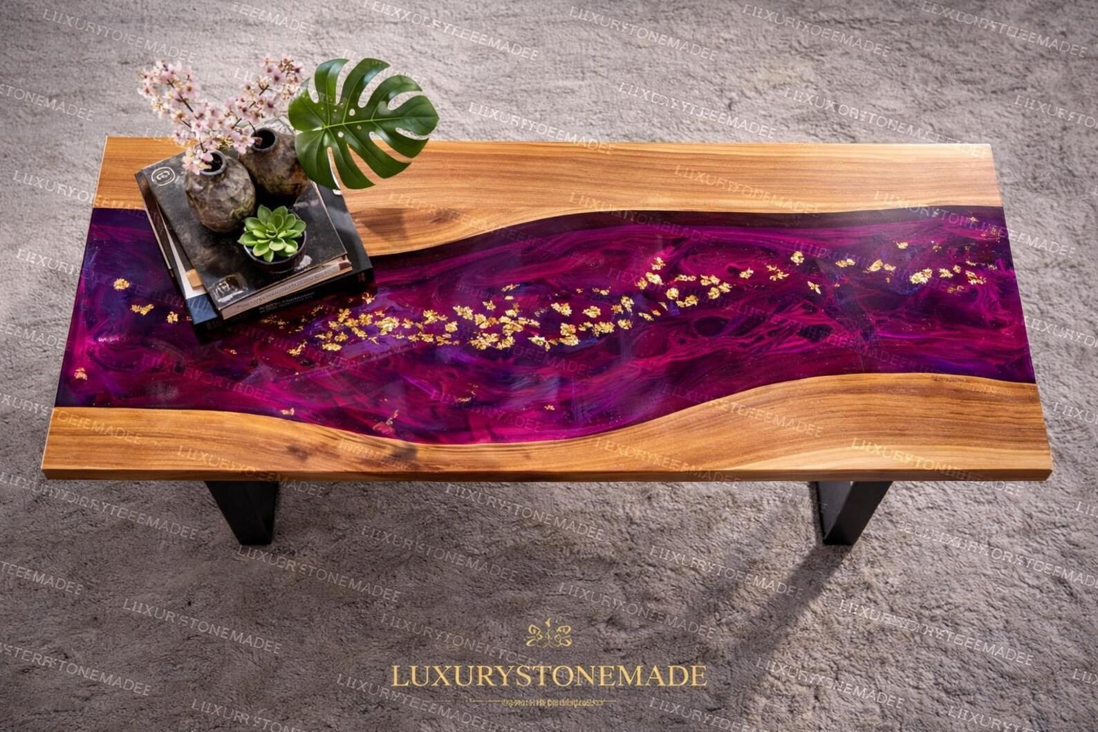 Walnut Purple Epoxy River Table Top Gold Flake Live Edge Dining