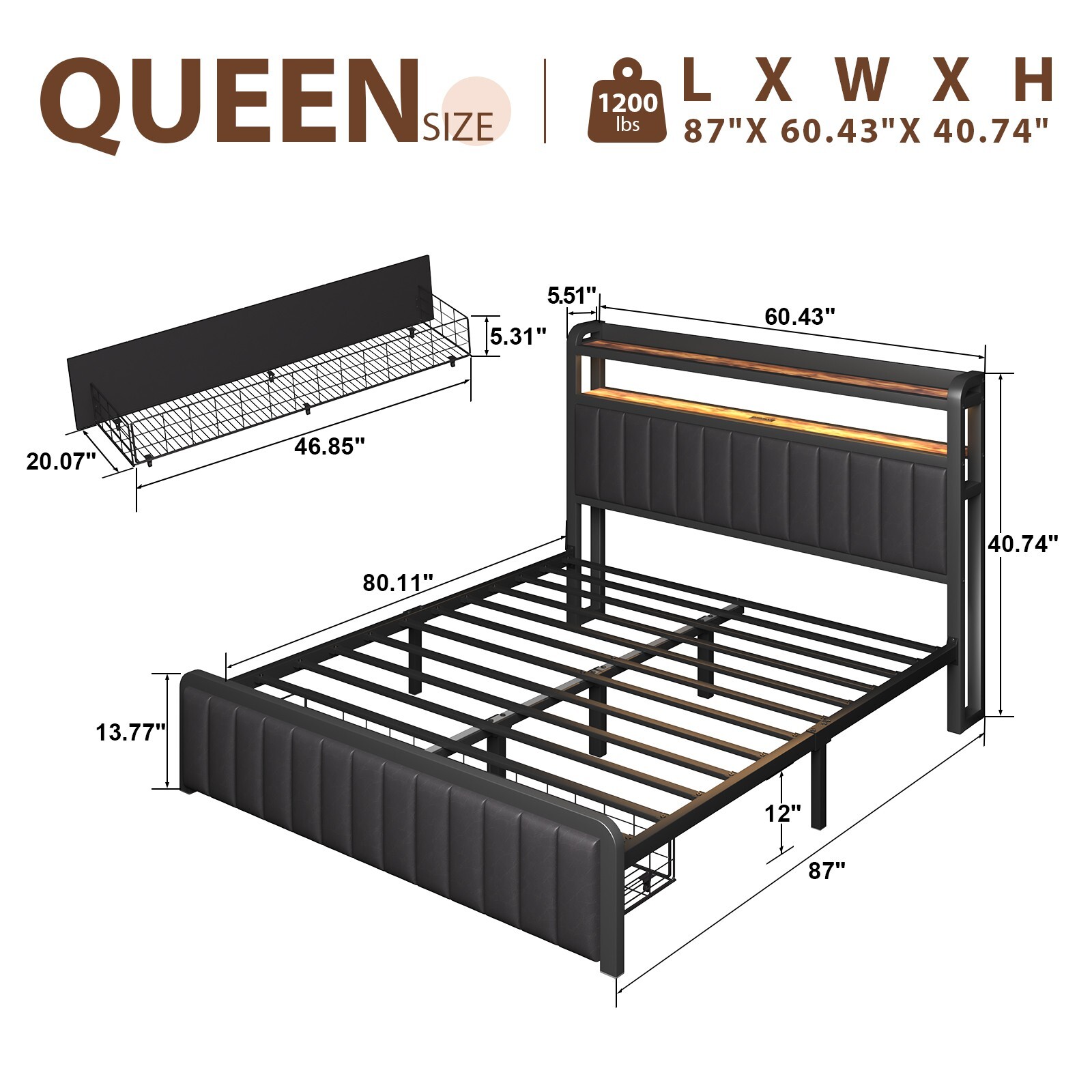 Full Queen Size Bed Frame with 2-Tier Storage Headboard and Storage Drawers