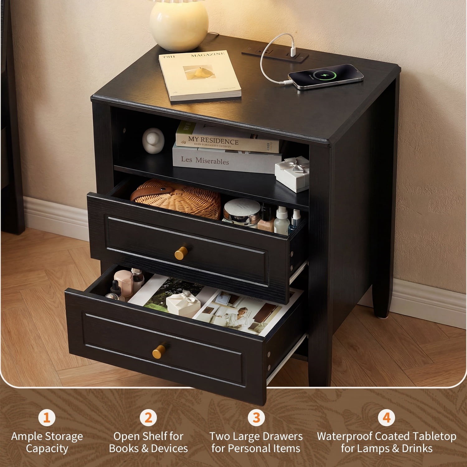 1Pc Nightstand End Table with 2 Drawers Charging Station Bedside Table Bedroom