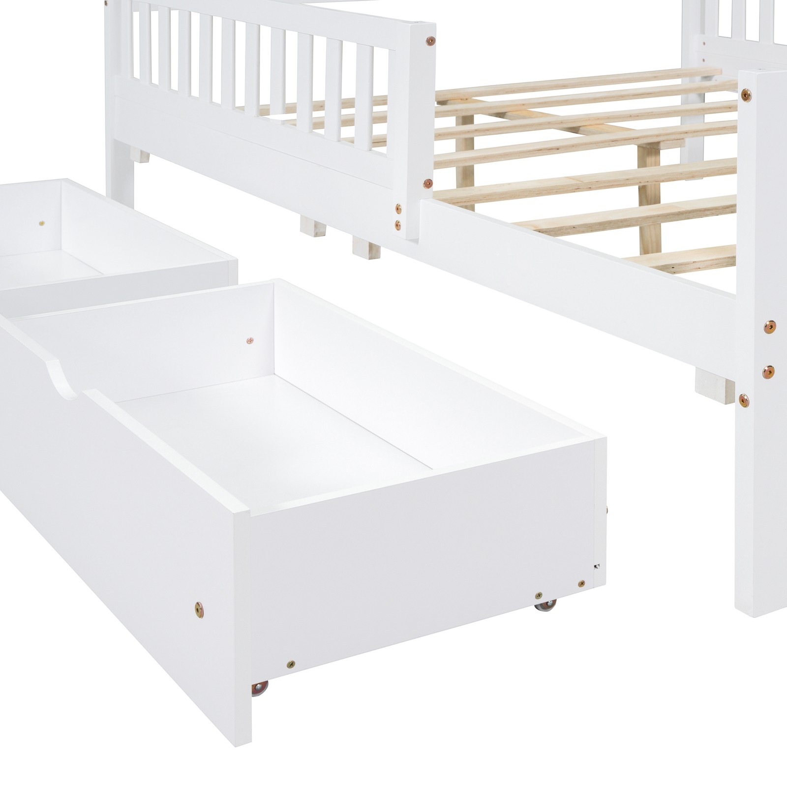 Full Size Bed Frame w/ Guardrails on Both Sides Two Storage Drawers White Wood