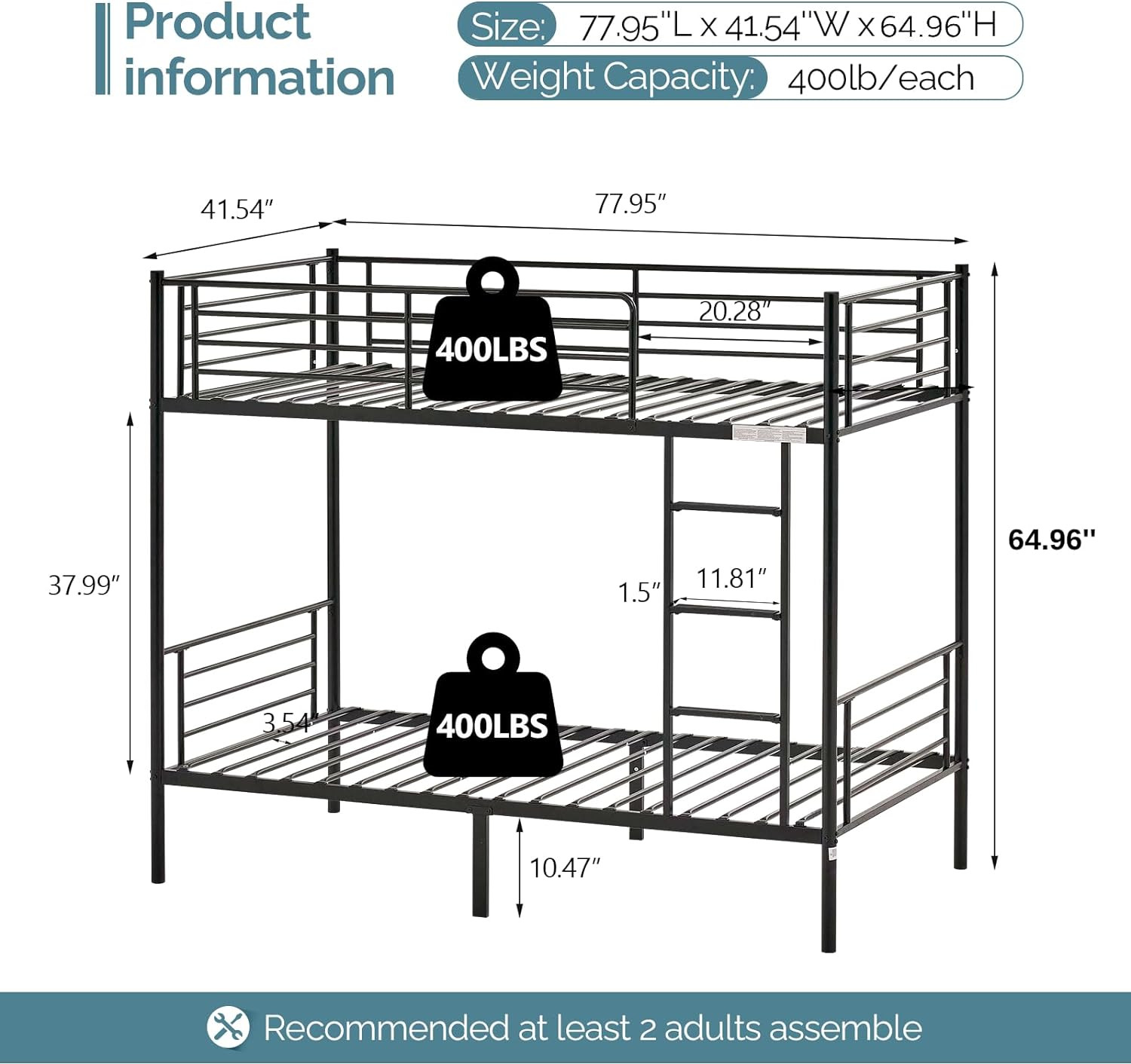 Bunk Bed Twin over Twin for Kids/Teens/Adults Heavy Duty 2 Decker Bed with Flat
