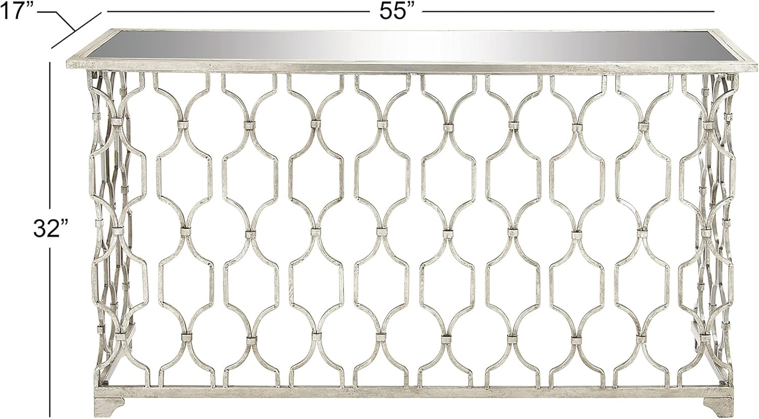 Stylish Silver Metal Geometric Console Table with Mirrored Glass Top, 55