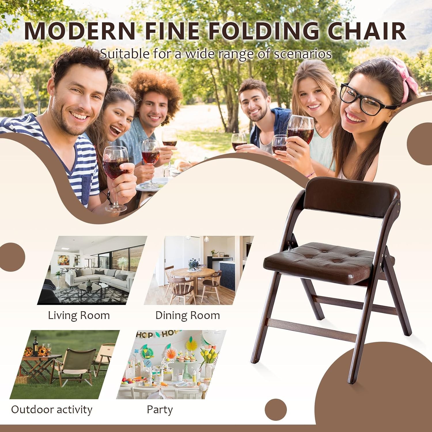 Wood Folding Chairs Set of 2, Upholstered Foldable Dining Chairs with Padded