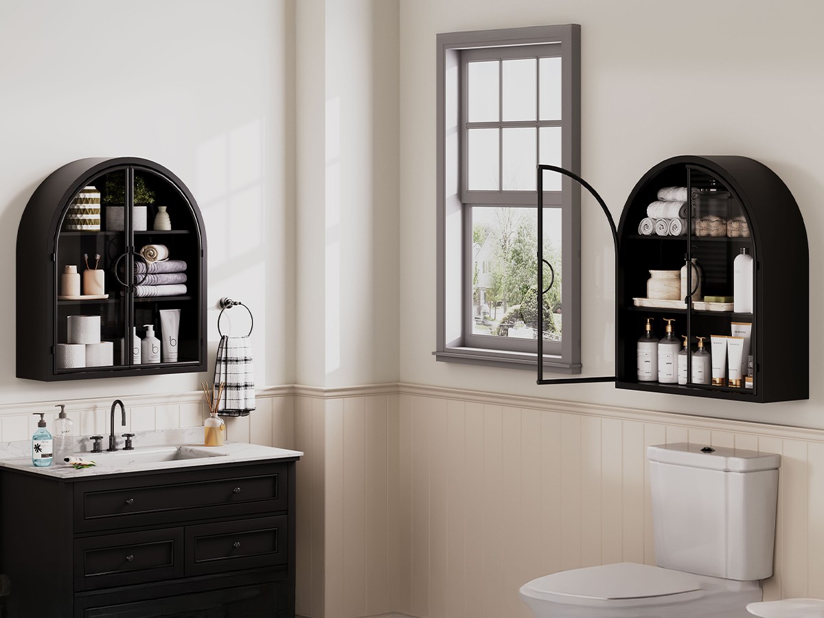 Fully Assembled 3-Tier Bathroom Storage Cabinet with Double Tempered Glass Doors