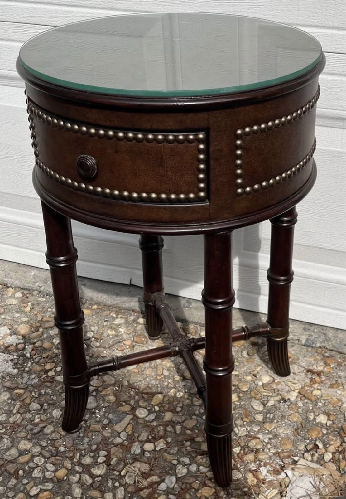 Tommy Bahama Small Round Wooden With Leather Drum End Table 24”x15”