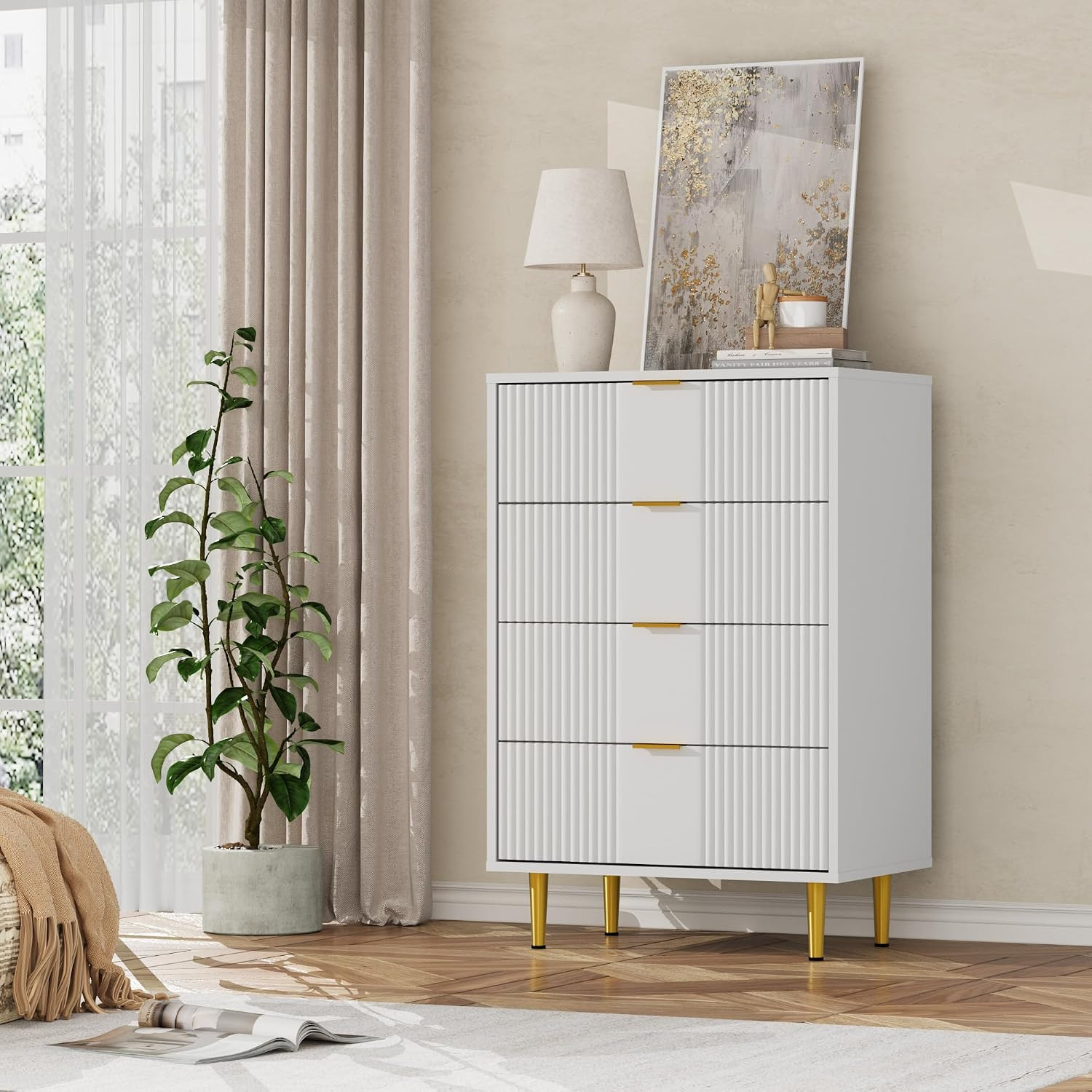 Fluted Dresser for Bedroom with 4 Drawers, 36.85″ Tall Modern Chest of Drawers w