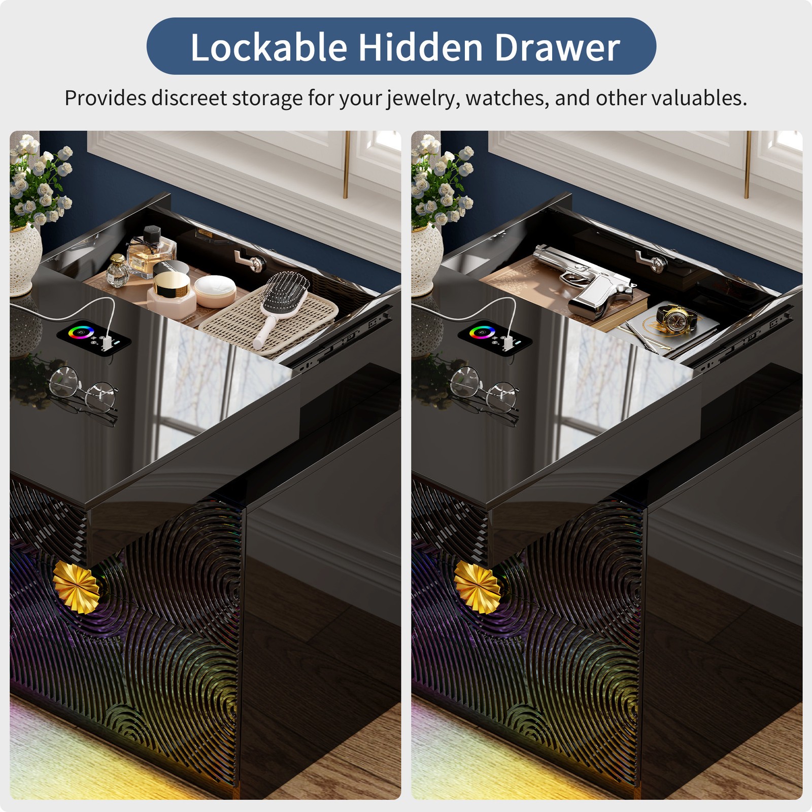 Nightstand with Hidden Drawer, Night Stand with RGB Lights and Charging Station