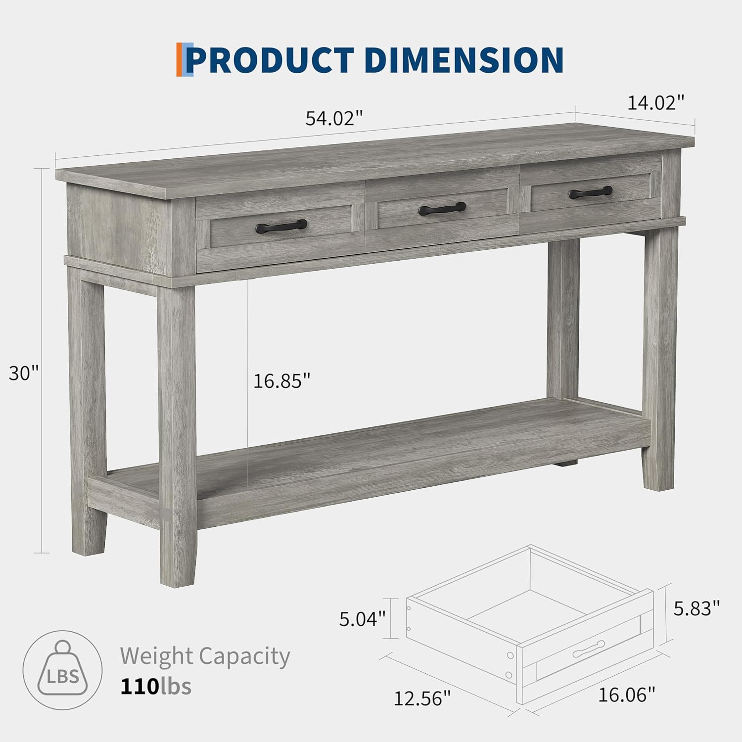Rustic Gray Console Table with 3 Drawers for Entryway and Living Room