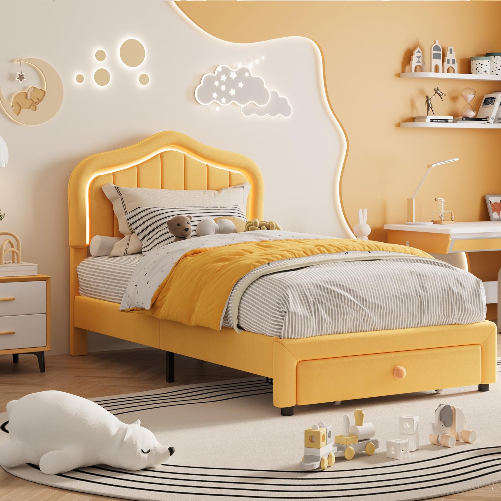 Twin Upholstered Bed Frame with Storage Drawer & LED Headboard for Kids/Girls