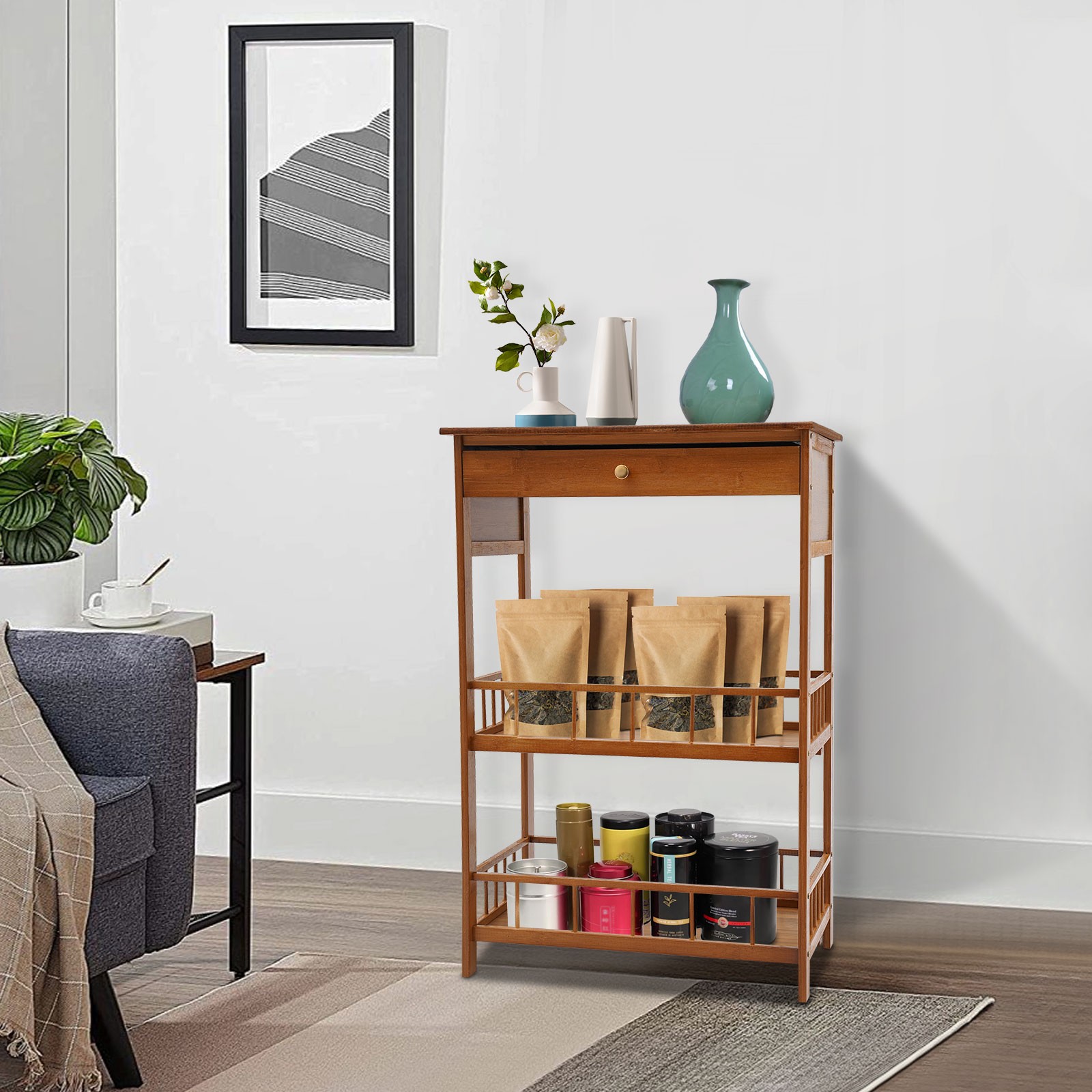 3-tier Retro Side Table, 30 In Floor Standing Bamboo Side Table For Living Room