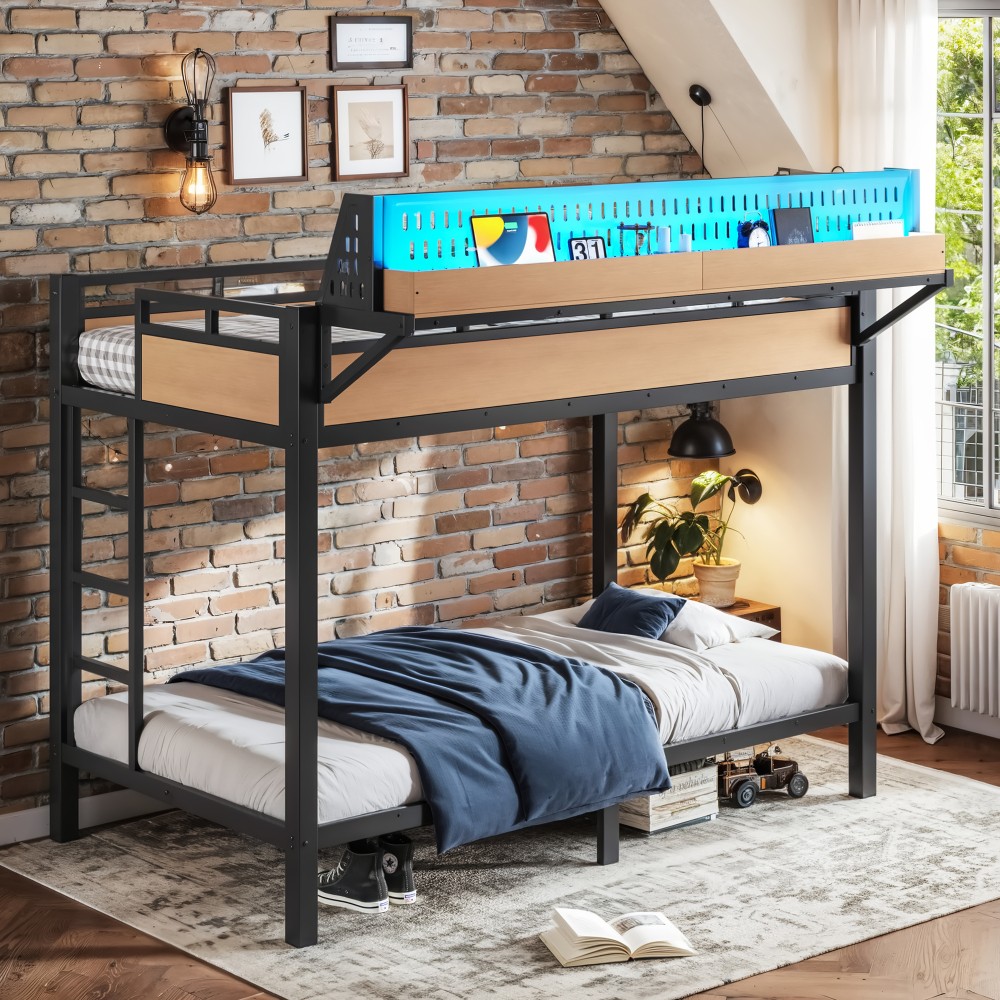 Twin XL over Twin XL Size Metal Bunk Bed with Storage Shelves and Pegboard