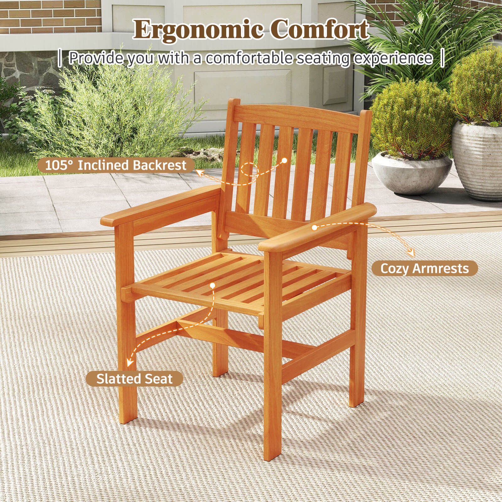 Patio Chairs Set of 2 Outdoor Wooden Dining Chairs with Inclined Backrests
