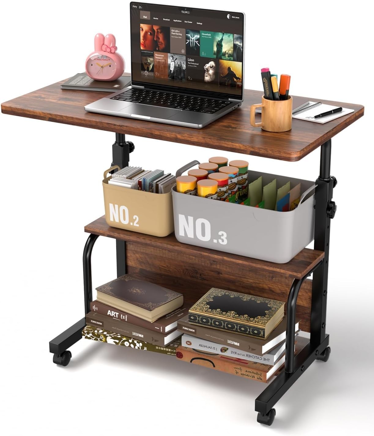 QZMDSM Portable Rolling Desk on Wheels 32″ (W) X 28″-35.4″ (H), Rustic