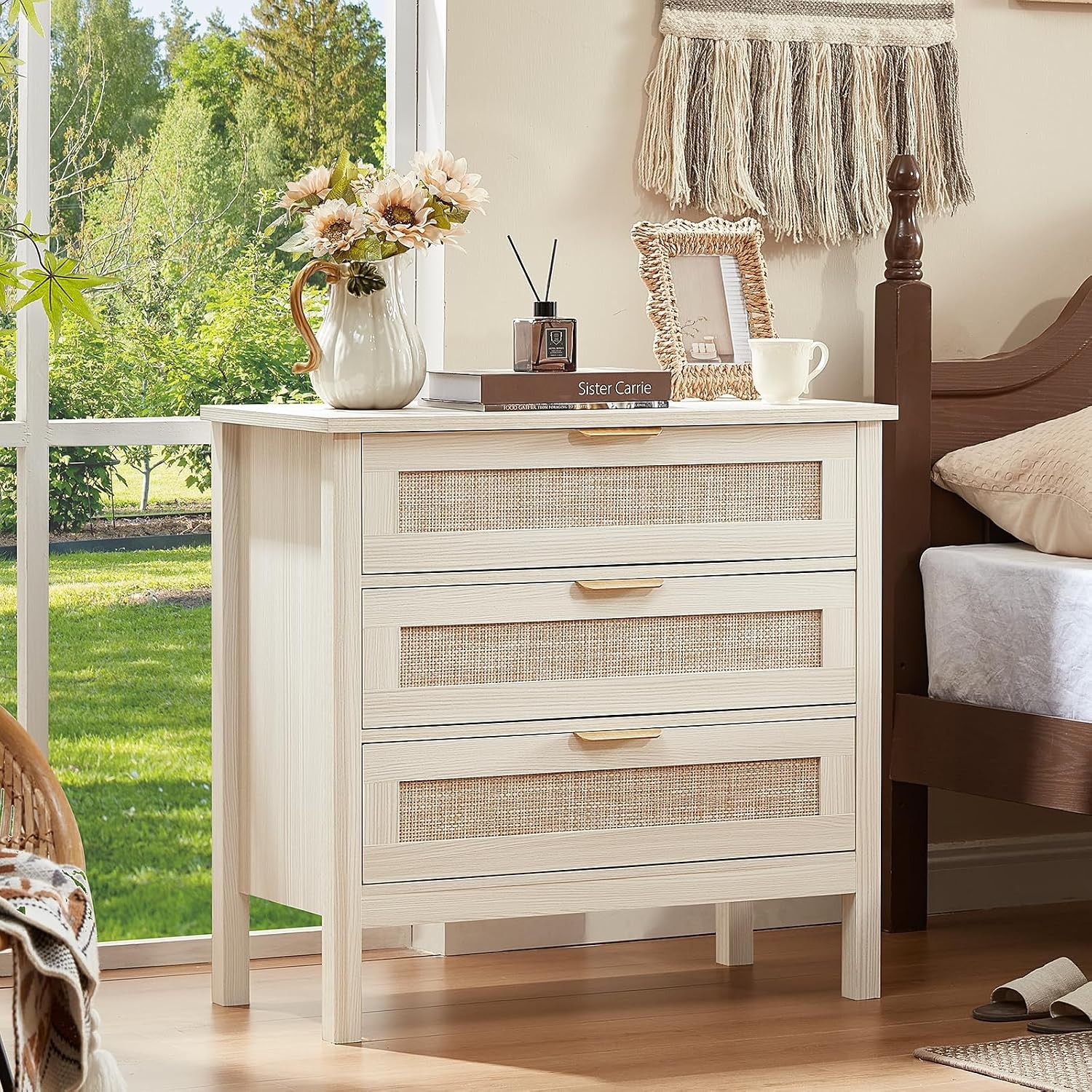 31.5″ Wide Rattan Nightstand Large Boho 3 Drawer Night Stand Grey White Bedside