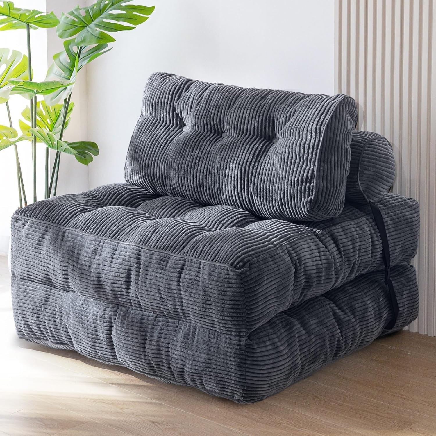Portable Dark Grey Convertible Sleeper Chair with Headrest & Lumbar Support
