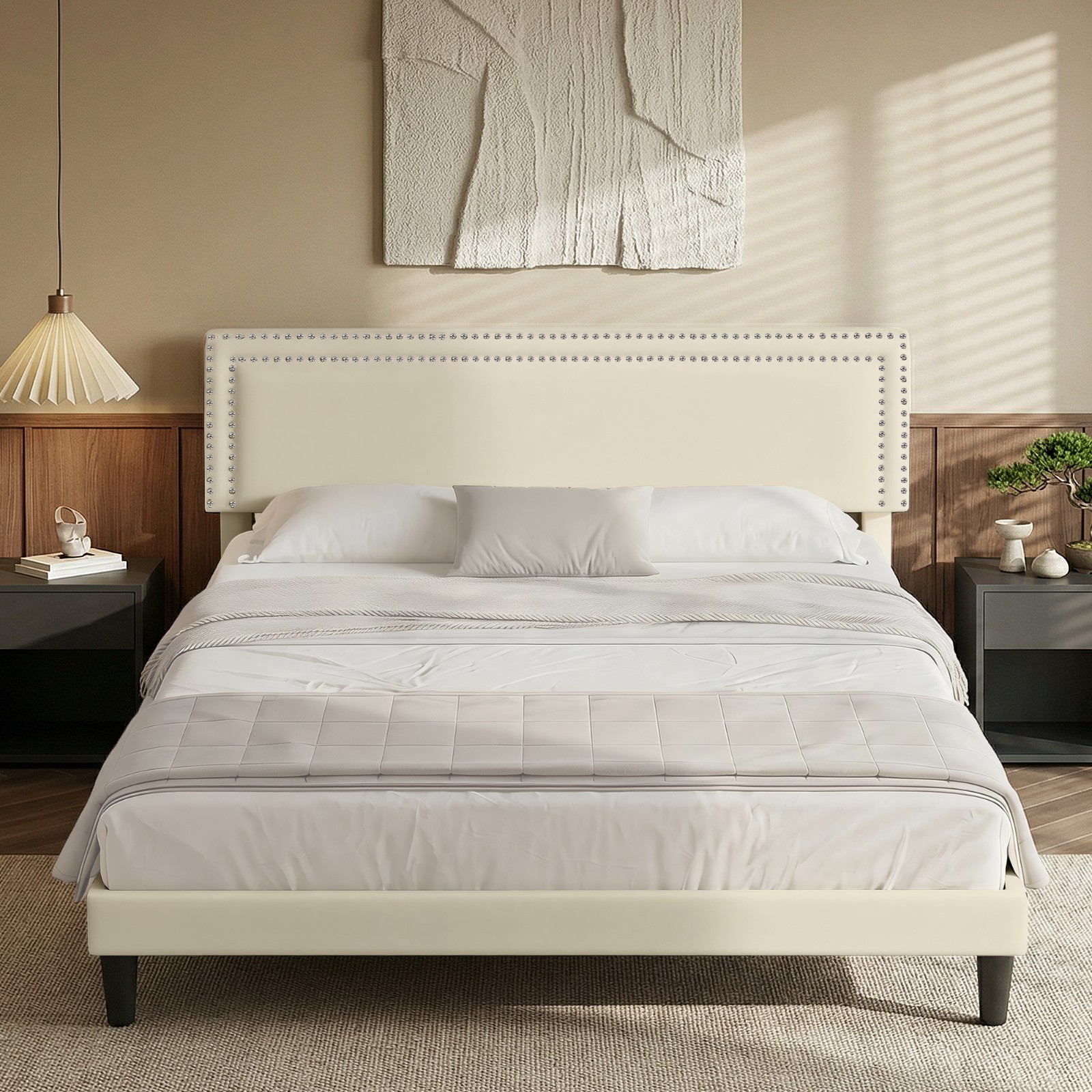 King Size Bed Frame Platform with Upholstered Adjustable Headboard Wooden Slat