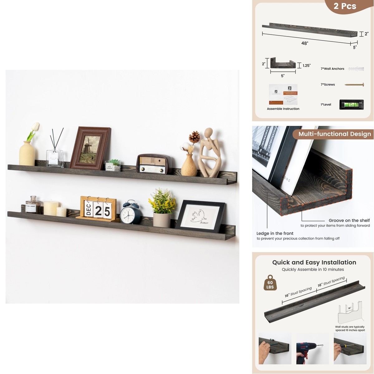 Flyjoe 48 Inches Long Floating Shelves For Wall Solid Pine Wood Picture Ledge