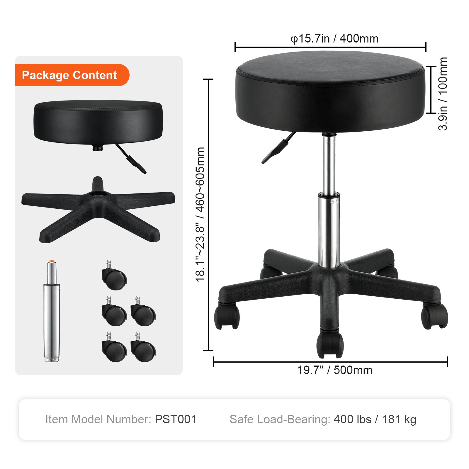 VEVOR Round Rolling Stool Swivel Stool with Wheels PU Leather Height Adjustable