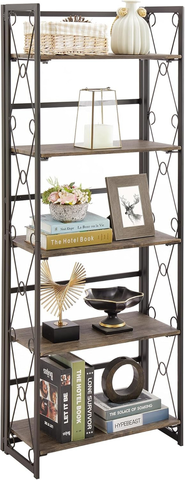 5-Tier Folding Bookshelf, Rustic Brown Industrial Bookcase for Home Office
