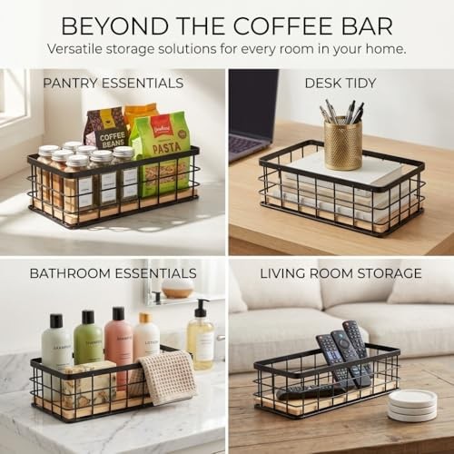 Black Wire Baskets,Coffee Pod Holder with Wooden Base,Small Metal Wire Storage