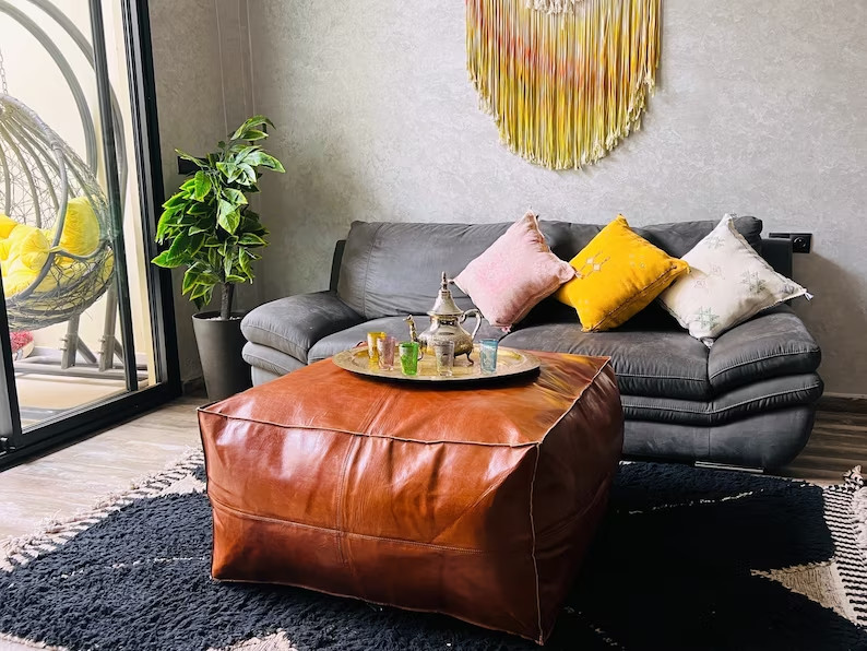 30” Square Moroccan Leather Ottoman | Handmade Boho Footstool Pouf, Genuine Best