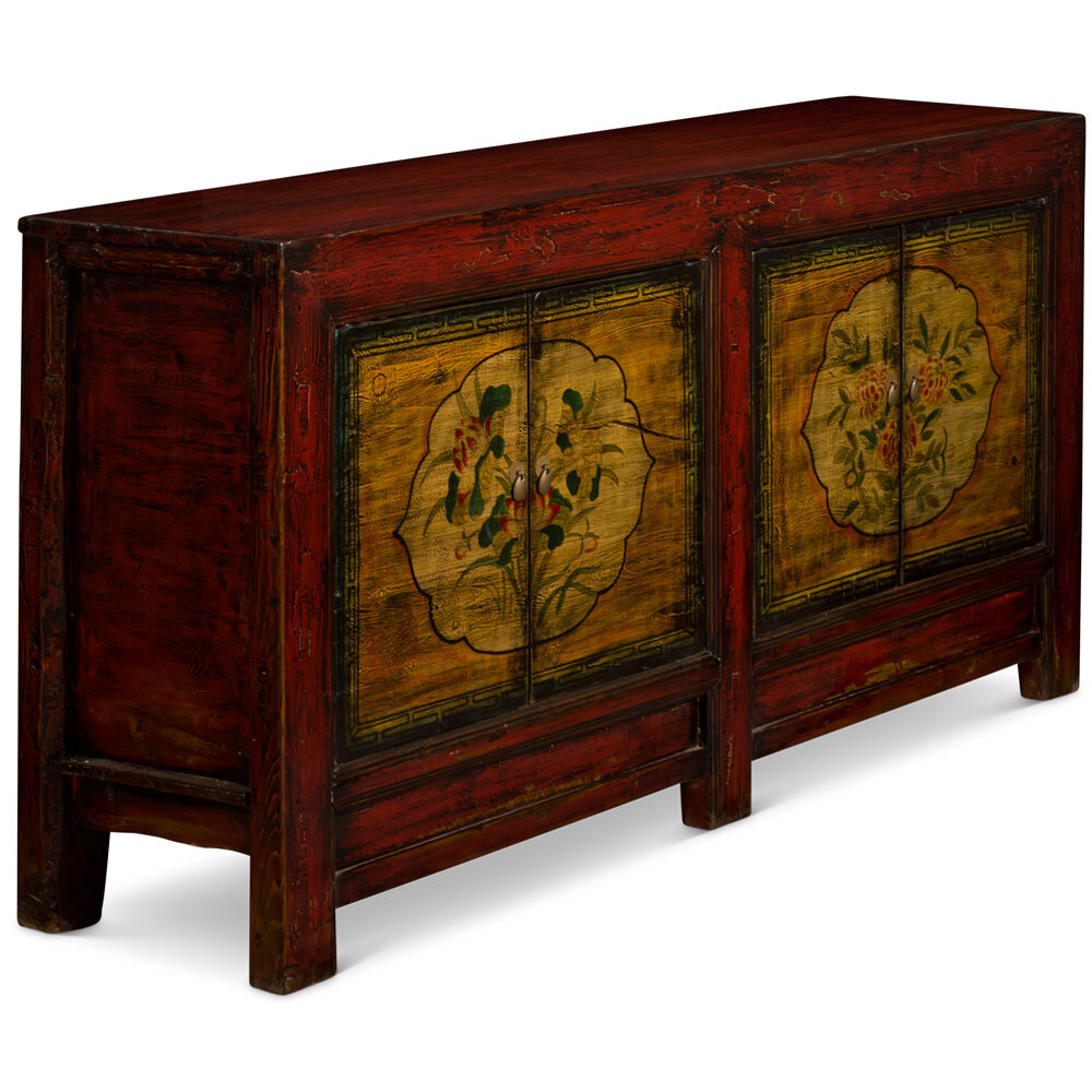US SELLER Hand Painted Flower Distressed Red Yellow Mongolian Elmwood Sideboard