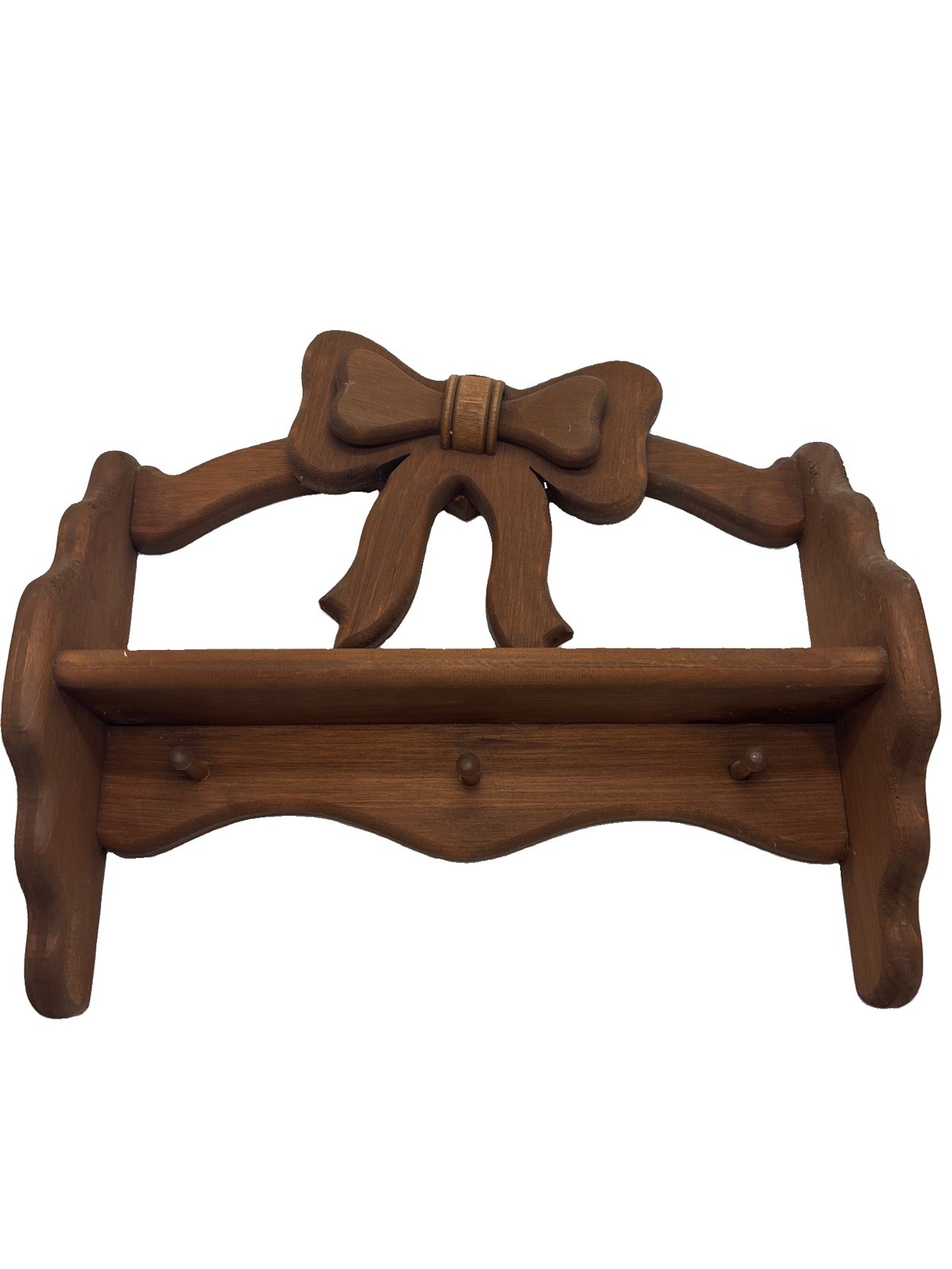 Vtg Wooden Shelf & Hooks Wall Mount Farmhouse Country Trinket Shelf Bow 16.5″
