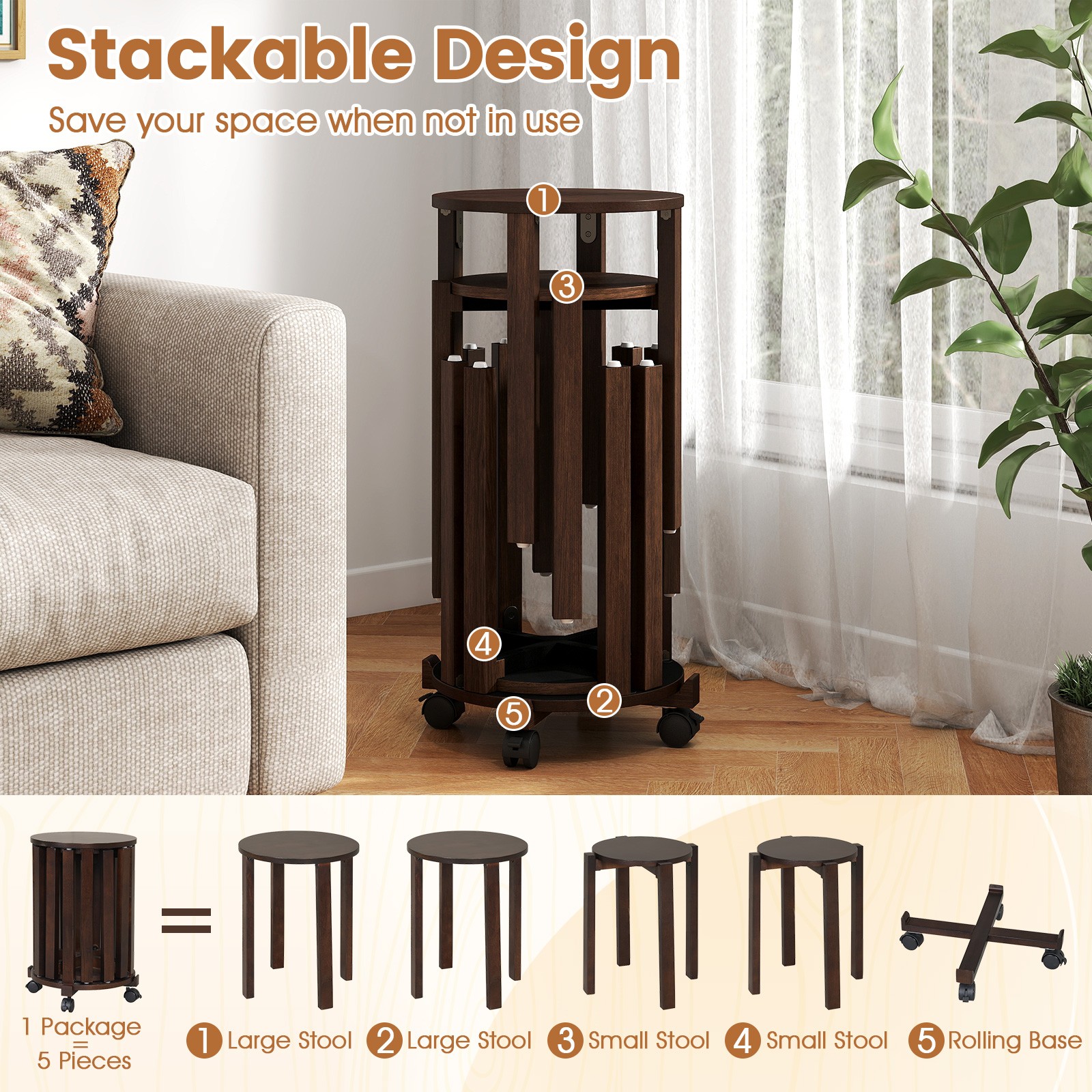 Stackable Stools Set of 4 w/Rolling Base, Locking Casters for Kitchen Apartments