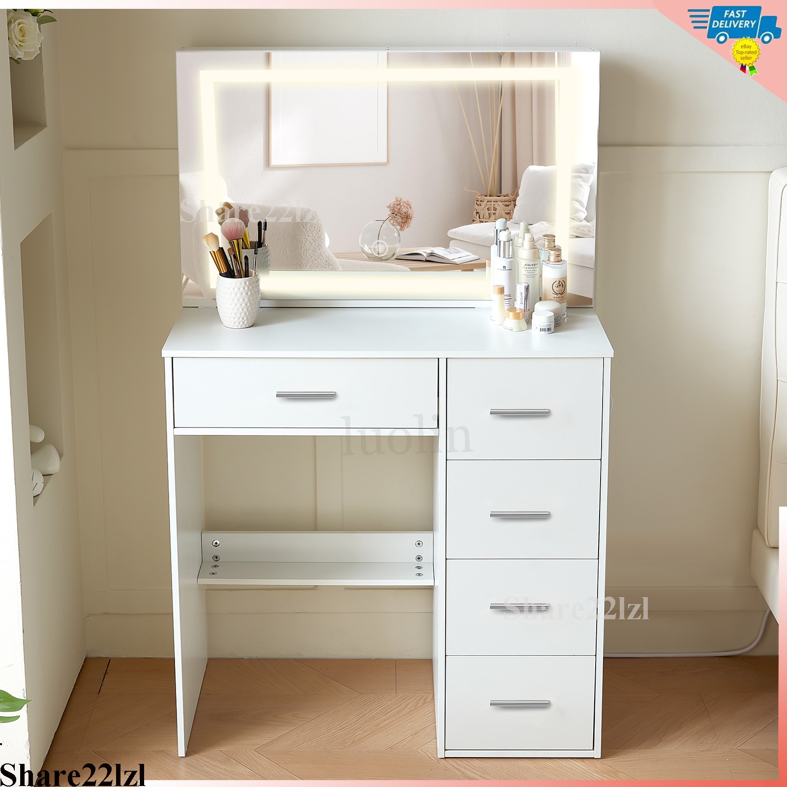 White Vanity Desk 5 Drawers Makeup Table Large Mirror w/ LED Strip 3 Lighting