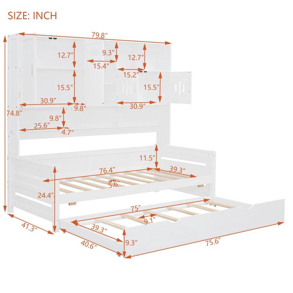 Twin Size Wooden Daybed with Twin Trundle Cabinet Shelf Storage