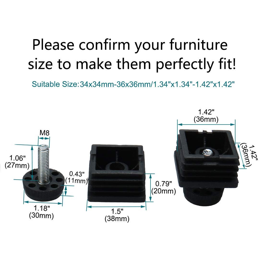 uxcell Leveling Feet 38 x 38mm Square Inserts Kit Furniture Glide Adjuster 4 Set