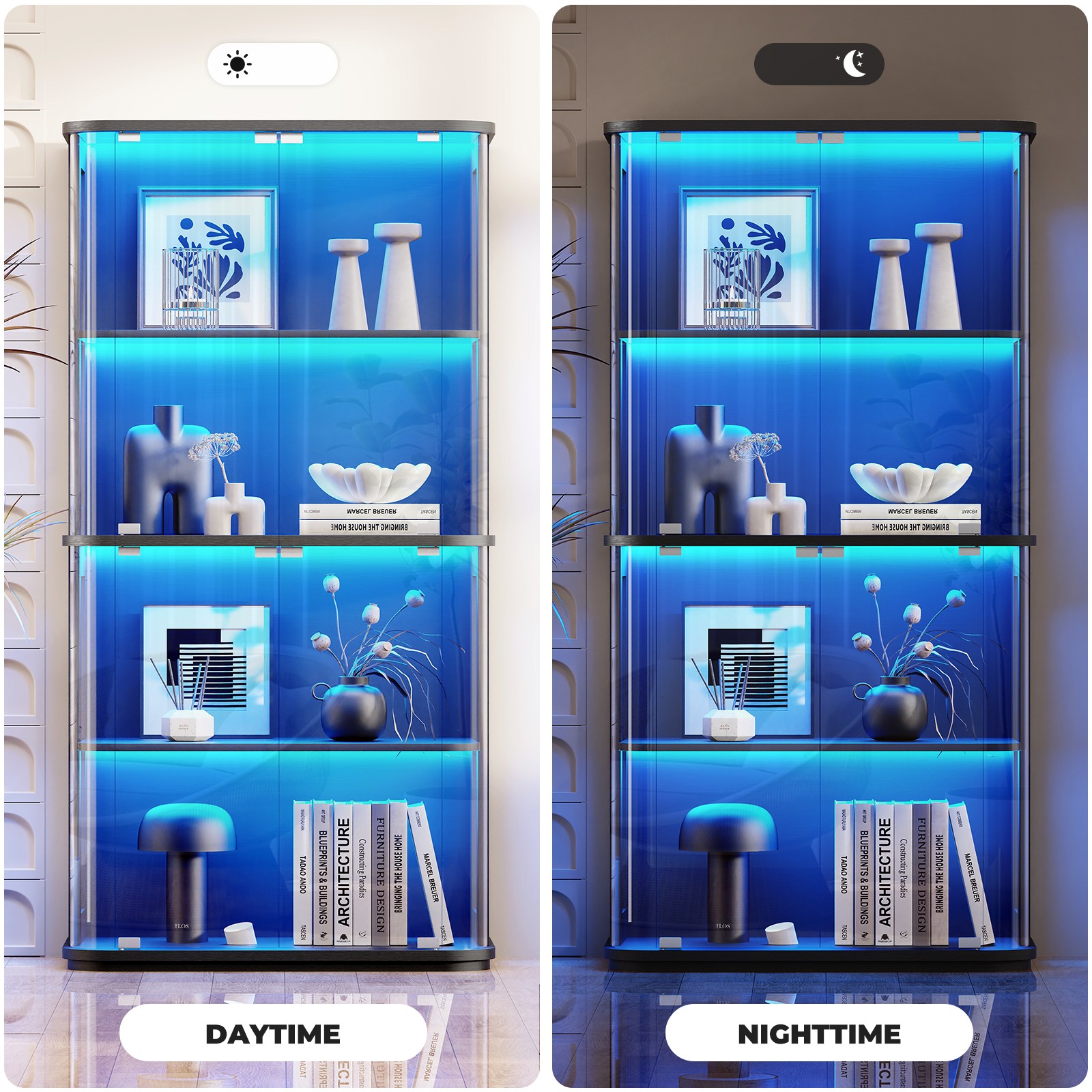 4-Tier Transparent Rounded Display Cabinet with Glass Door & 3 Color LED Lights