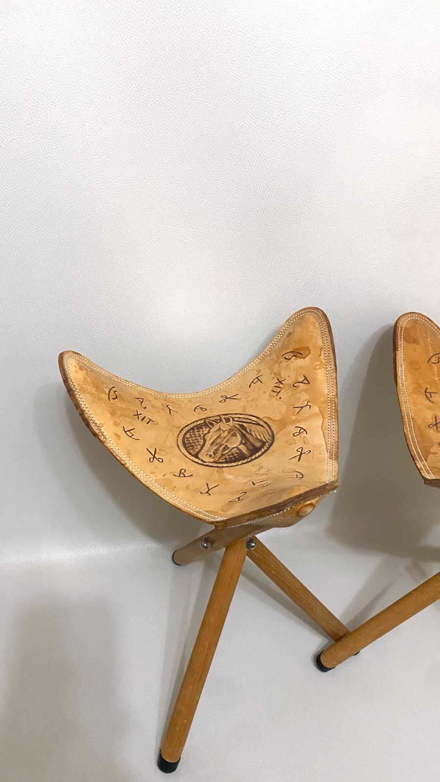Vintage Tooled Folding Leather Horse Saddle Stools Pair Handmade