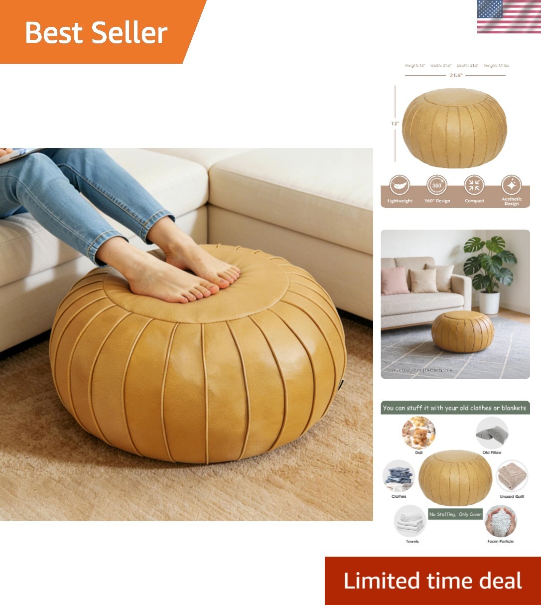 Unstuffed Storage Pouf Ottoman Foot Stool, Empty Shell, Handmade Faux Suede R…